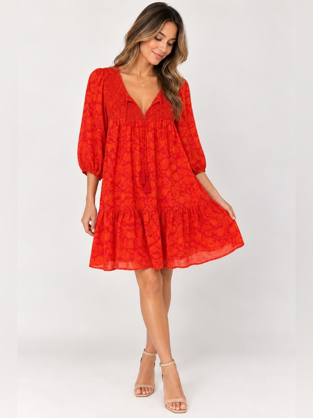 Day + Moon Red Orange Floral Smocked Boho Mini Dress Size S